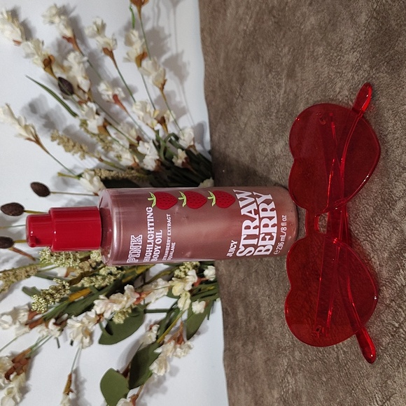 Victoria's Secret PINK Juicy Strawberry Highlighting Body Oil and Glasses - Picture 2 of 6